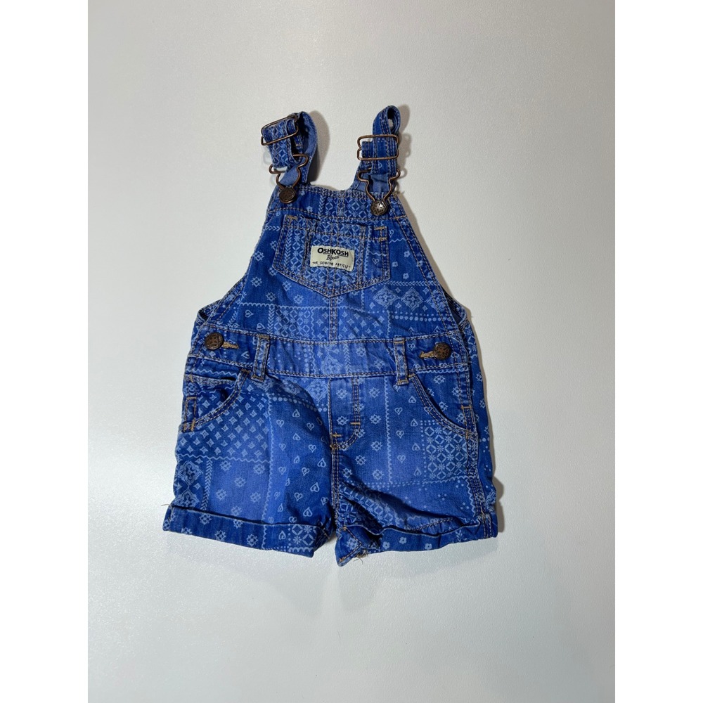 OshKosh Shortalls Baby 6M Blue Excellent Bandana Paisley Heart Print Denim